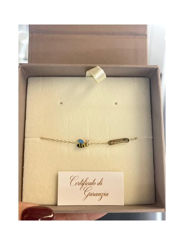 Acquista ora bracciale bimbo in oro 750 con targa e ape (incisone omaggio) su elefantebianco.jewelry
