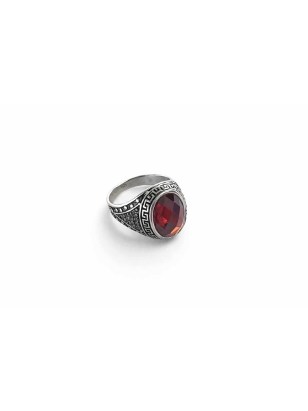 Acquista ora anello pietra rossa sfaccettata e motivo a greca. su elefantebianco.jewelry