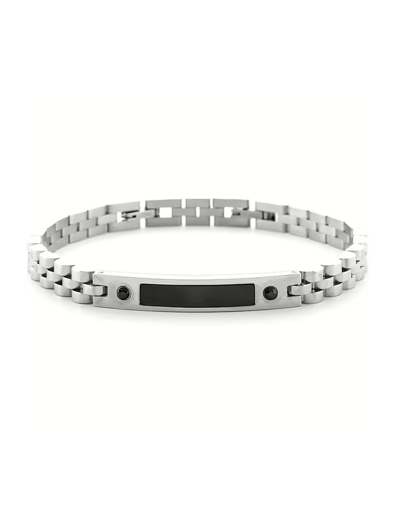 Acquista ora bracciale targhetta con smalto nero e due zirconi su elefantebianco.jewelry