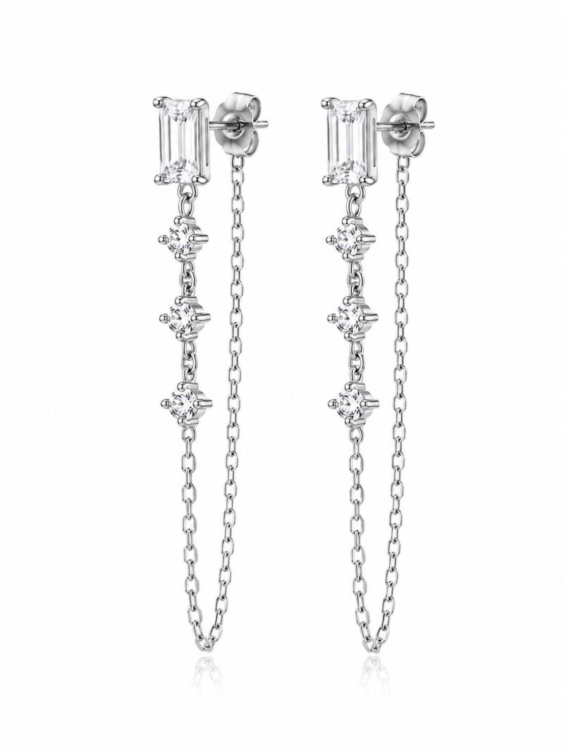 Acquista ora orecchino baguette con punti luce e catena pendente su elefantebianco.jewelry
